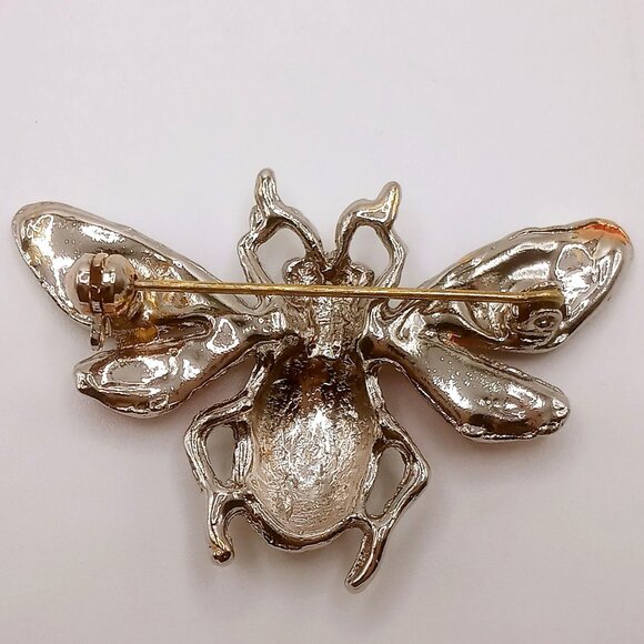 Vintage Bee Brooch Red Blue Green Striped Enameled Rhinestone Silver-tone Pin - Picture 4 of 10